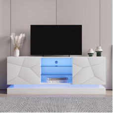 KOMHTOM TV Cabinet in White with LED, Sideboard with Two Doors and an Open Storage Compartment, Multi-Purpose Cabinet for Living Room and Bedroom, 160 x 38.5 x 60 cm (A)