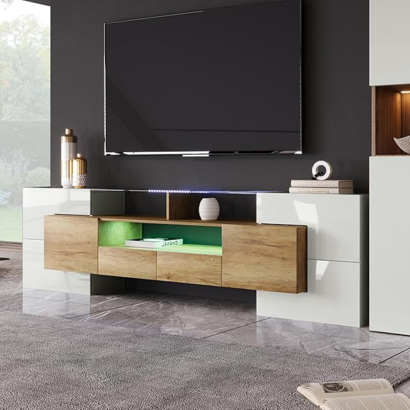 Stylish TV Cabinet Lowboard 200cm LED Lighting Living Room Furniture Modern Design Elegant Glass Surface (High Gloss White and Wood Colour + MDF)