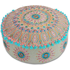 Bohemian Ottoman Stool with Filling - Round Poufer 60 x 20 cm - Luxury Stool with Handmade Room Decor for Meditation, Yoga and Boho Chic Seating Area