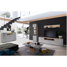 Lomadox Living Room Set in Grey Varnished with Wall Shelf Including Glass Base, Highboard with Visible Back Panel in Oak, Coffee Table, Glass Display Case and TV Board with Glass Flap
