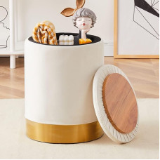 Mxfurhawa Velvet 23Qt Storage Ottoman Multi-Purpose Footrest Stool with Metal Base Modern Round Vanity Stool Chair Foot Stool Support 300 lbs Padded Seat for Living Room (Cream)