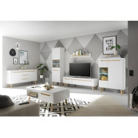 Lomadox Living Room Complete Set in Matt White with Oak, 6 Pieces, Standing Display Cabinet, TV Lowboard, Wall Board, Display Cabinet, Sideboard, Coffee Table