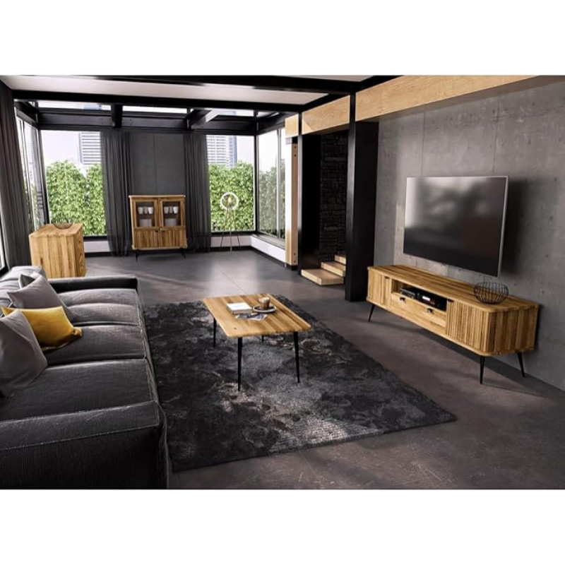 Living Room Set of 4 in Solid Oiled Oak Lowboard Highboard Coffee Table Sideboard Grooved Front Soft Close