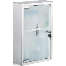 Relaxdays, Silver Medicine Cabinet Stainless Steel Glass Door 2 Compartments Lockable Medicine Cabinet Glossy H x W x D x D: 40 x 25 x 11 cm