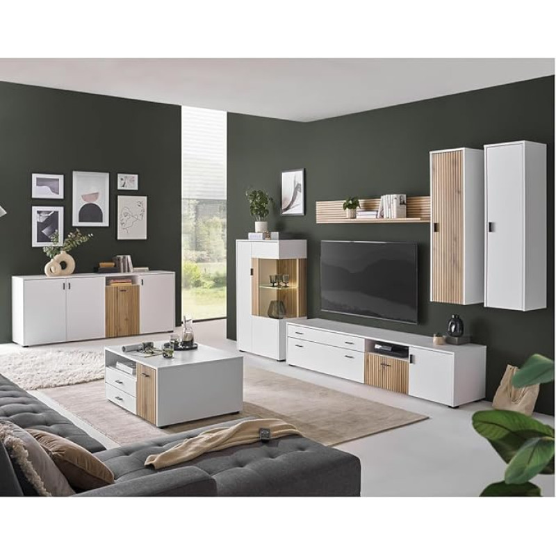 Living Room Set Modern Sideboard Coffee Table Highboard Lowboard Wall Shelf Wall Cabinets Living Room Wall White Matt Oak