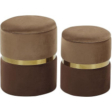 Wichita Round Pouf Set of 2 Velvet Brown Ottoman Seat Pouf