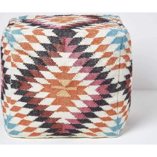 Homescapes Boho Pouf Pink and Orange Patterned Kilim Footstool Manila Colorful Floor Cushion Living Room Bedroom Retro Wool Cotton Retro Style 43x43x43cm