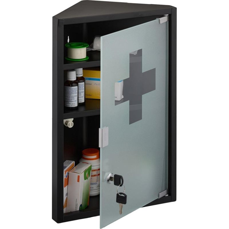 Relaxdays Medicine Cabinet, 3 Compartments, H x D 45 x 30 x 17.5 cm, Lockable, Steel, Glass Door, Corner Pharmacy Cabinet, Black
