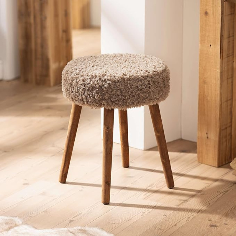 FRANK FLECHTWAREN Stool Curly Cover Faux Fur Wood Dimensions Diameter 35 x 45 cm Easy Self-Assembly