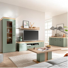 Lomadox 5 Piece Living Room Set with TV Cabinet & Display Cabinet with LED Accent Lighting, Green with Oak - Modern