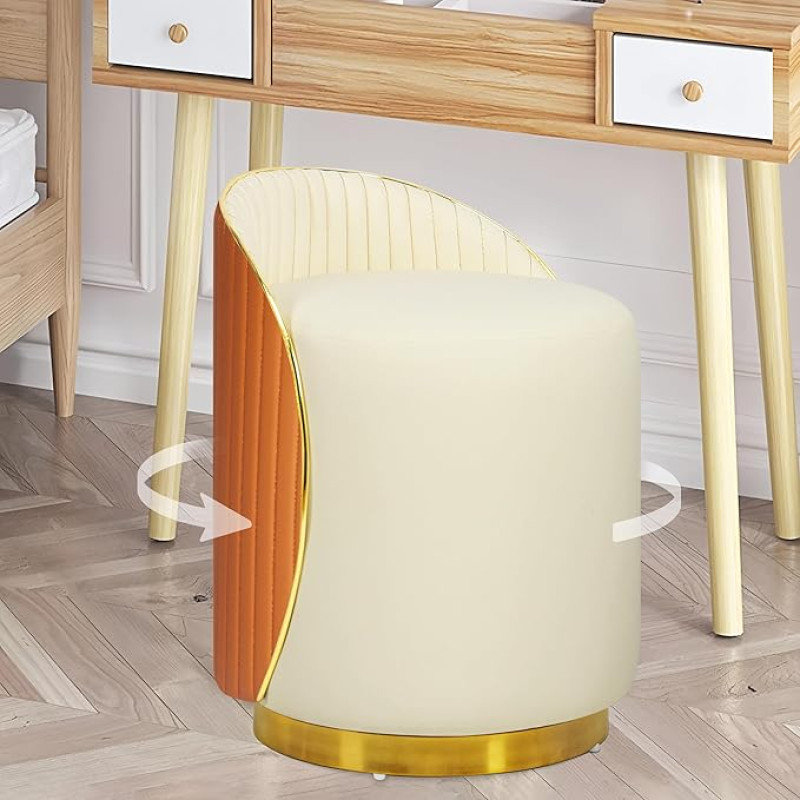 Stool Dressing Table Stool Velvet Stool Round 360° Footstool Rotatable for Bedroom, Kitchen, Dining Room, Modern or Hallway Wardrobe 45 x 45 x 43 cm Upholstered Stool up to 150 kg (White Orange)