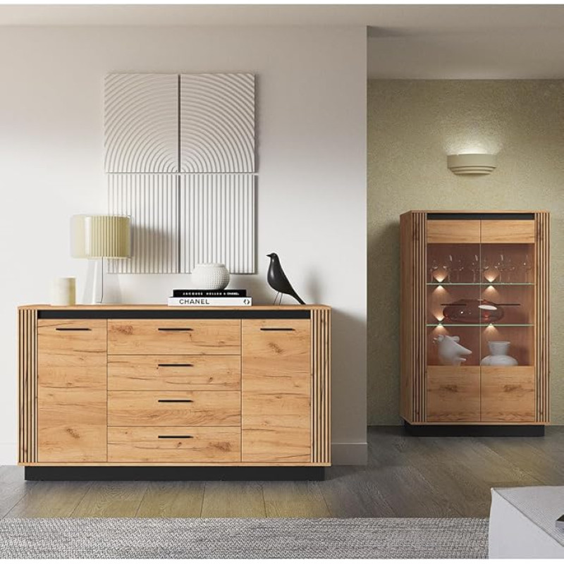 Living Room Furniture Set 2-Piece Chest of Drawers Sideboard Display Cabinet with Lighting Modern Oak with Black