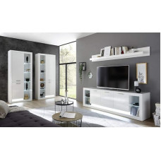 Lomadox Timeless Design Wall Unit Set of 4 High Gloss White LED Lighting 2 Display Cabinets TV Lowboard Wall Shelf