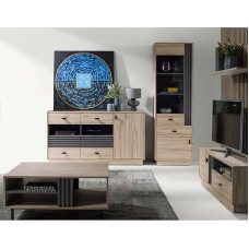 Wohnzimmermöbel-Set mit Vitrine, Sideboard & Lowboard in Eiche mit anthrazitfarbenen Akzenten, modern 5-teilig