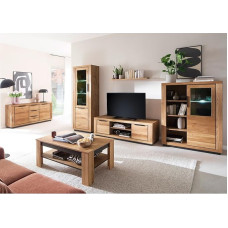 Living Room Furniture Set Partially Solid Oak 6 Pieces 1 Display Cabinet 1 Wall Shelf 1 Lowboard 1 Highboard 1 Coffee Table 1 Sideboard with Lighting