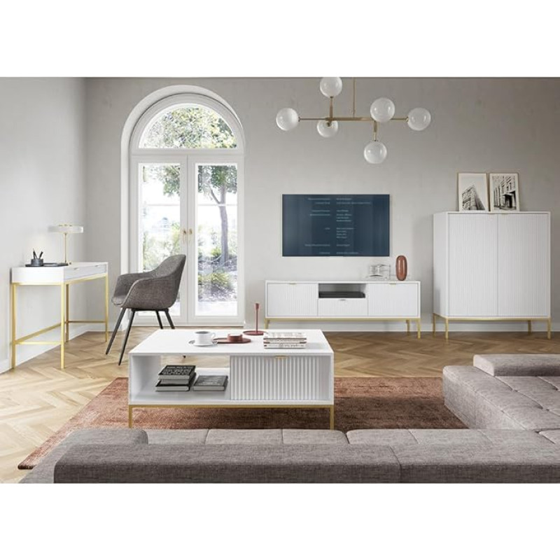 Home Furniture Set Wall Unit White Base Frame Gold-Coloured 4 Pieces 1 Highboard 1 Secretary 1 Coffee Table 1 Lowboard