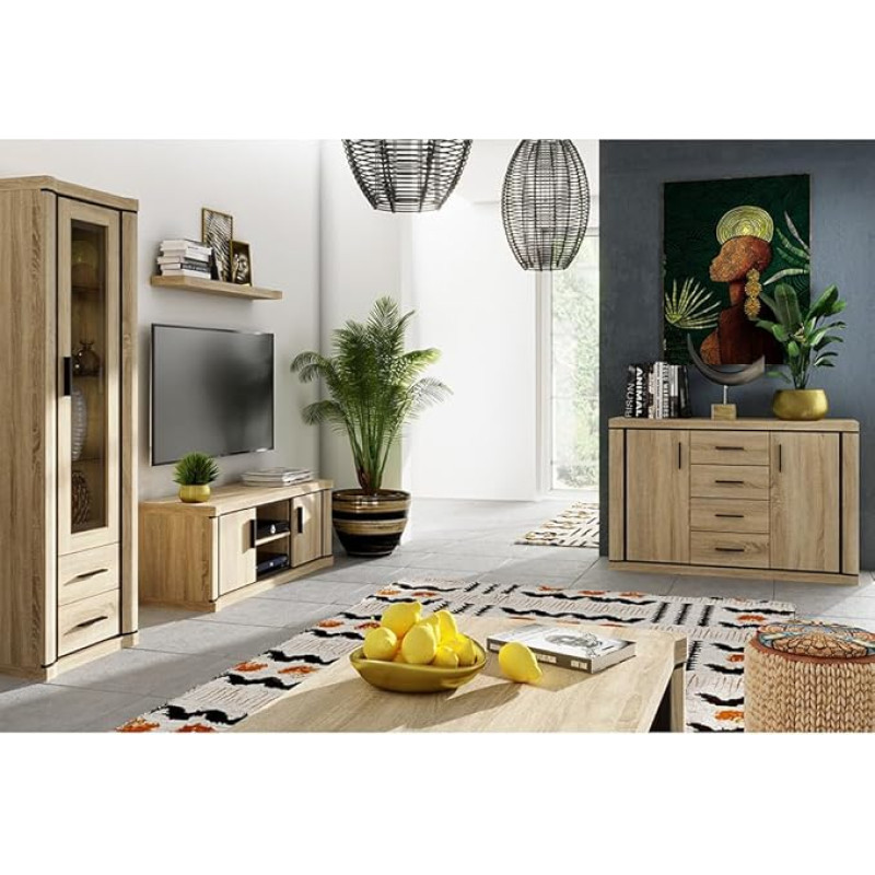 Home Furniture Set 4-Piece Brown Sonoma Oak Wall Board Lowboard Display Cabinet Sideboard with LED Lighting