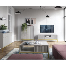 Home Furniture Set Grey Wall Unit with Gold Base Frame 4-Piece Set 1 Highboard 1 Chest of Drawers 1 Coffee Table 1 Lowboard