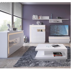 Home Furniture Set White High Gloss with Indirect Lighting Consisting of Sideboard, Higboard, 2 Wall Boards and TV Lowboard