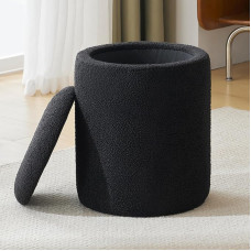 YFO Round Boucle Ottoman Storage Ottoman Multifunctional Padded Makeup Chair Soft Padded Seat with Removable Lid Modern Stool for Living Room Bedroom Black