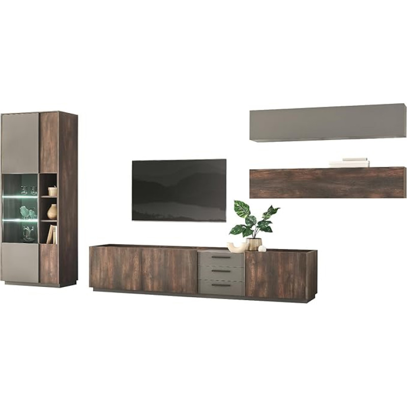 Furn.Design Wall Unit in Thermal Oak and Grey Set of 4 with XXL TV Lowboard and Soft-Close, Piano