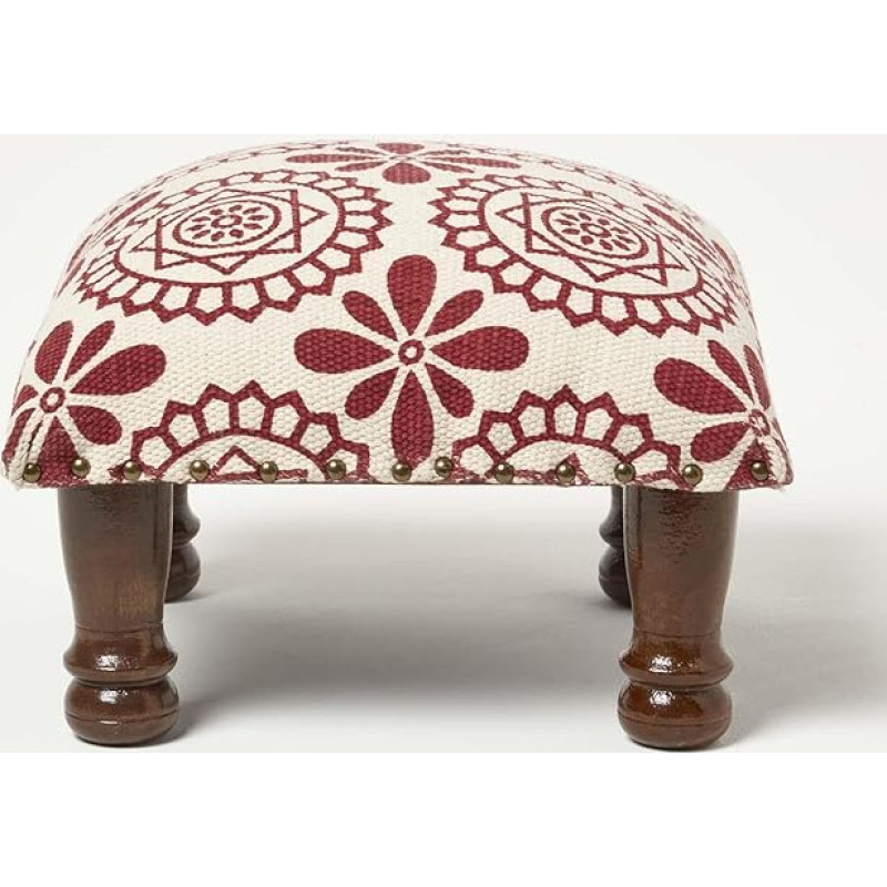 Homescapes Cassia Square Upholstered Stool 40 x 40 cm Red/White Patterned Stool with Wooden Legs and Cotton Cover