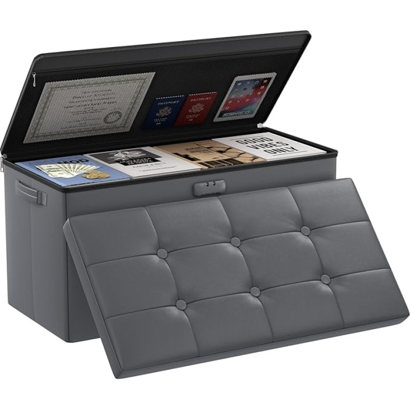 DocSafe Ottoman Bench with Lock Fireproof Foldable Storage Bench Footrest Stool Storage Box with Storage Safe for Important Documents Waterproof Leather 30 Inch Ottoman