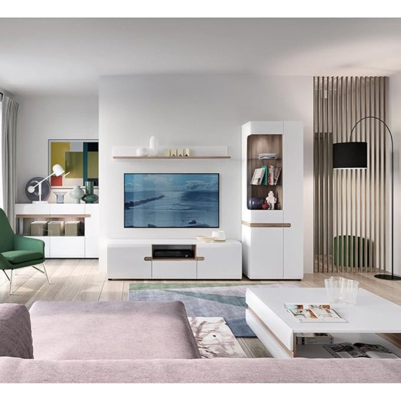 Lomadox Modern Home Furniture Set (5 Pieces), White High Gloss with Truffle Oak Nb