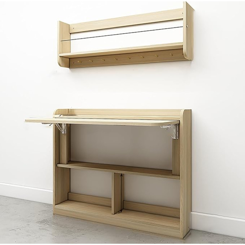 Wandmontierter, bodenstehender Klapptisch mit Stauraum, 90° klappbar, solide Struktur, Arbeitszimmer-Schreibtisch, geeignet für kleine Räume, faltbare, an der Wand klappbare Werkbank (Farbe: Braun2, S