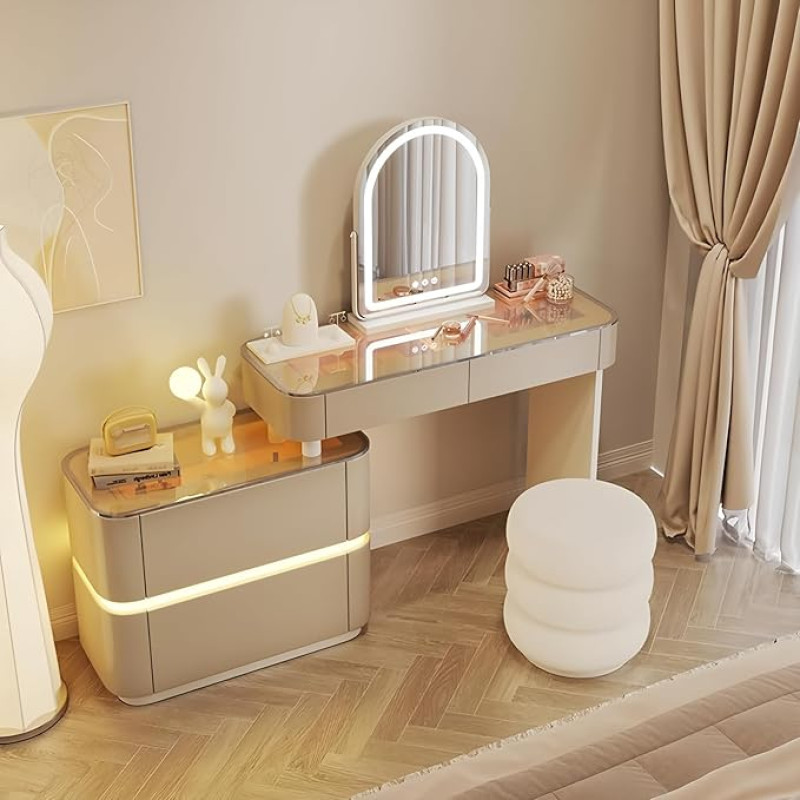 Luxuriöser Frisiertisch, Schminktisch mit intelligentem Spiegel, Frisiertisch aus Massivholz, Glasarbeitsplatte und erweiterbarem Seitenschrank sowie stimmungsvollem Licht (4 Schubladen, Khaki, 32 Zo