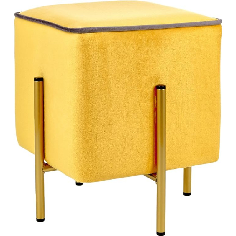Baroni Home Square Velvet Pouf Footstool Upholstered Living Room Pouf Ottoman for Bedroom Yellow with Ochre Border 33x33x38cm