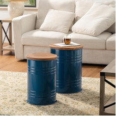 glitzhome Rustic Storage Ottoman Seat, Farmhouse Side Table, Galvanized Barrel, Metal Accent Side Table, Toy Box with Round Wooden Lid for Living Room, Set of 2, Navy Blue