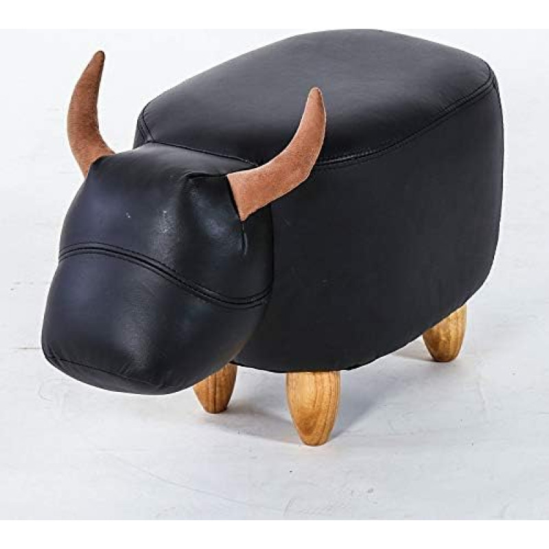 XMZFQ Pet Foot Stool PU Leather Padded Ride-on Toy Seat Ottoman Support Foot Rest Made of Solid Wood Can Hold 150kg Cute Bull Appearance Black