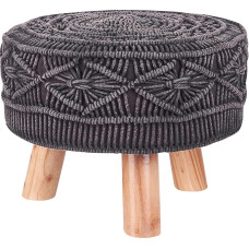 Mundra Cotton Macrame Stool Grey Round Three Legged Eucalyptus Wood Light Brown