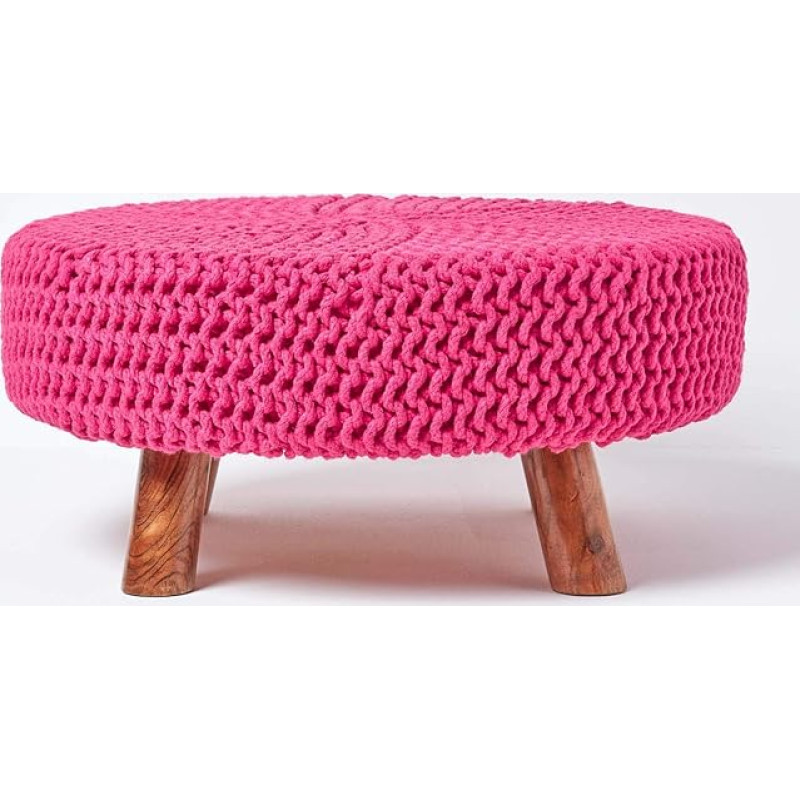 Homescapes Low Round Knitted Stool with Wooden Legs, Pink Footstool 62 x 62 x 30 cm, Knitted Stool with Chunky Knitted Cover Made of 100% Cotton, Pink