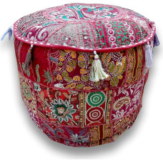 Sophia-Art Indian Embroidered Patchwork Cover Indian Decorative Pouf Indian Comfortable Floor Cotton Cushion Ottoman Pouf, Indian Designs Ethnic Patchwork Pouf (Dark Pink, 18 x 13 Inches)