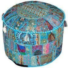 Bohemian Patch Work Ottoman Cover,Traditional Vintage Indian Pouf Floor/Foot Stool, Christmas Decorative Chair Cover,100% Cotton Art Decor Cushion, 14x22'. Only Cover, Filler not Included Sky Blue
