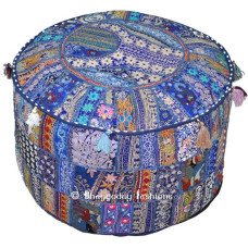 Indian Bohemian Patchwork Pouf Ottoman, Vintage Indian Pouf, pouffe, pouffes, Foot Stool, Round Pouf Ottoman, Bean Bag, Floor Pillow Ottoman Pouf, Pillow Patterned Cocktail Vintage Hassock Pouffe, 18x13 Inch. By Bhagyoday