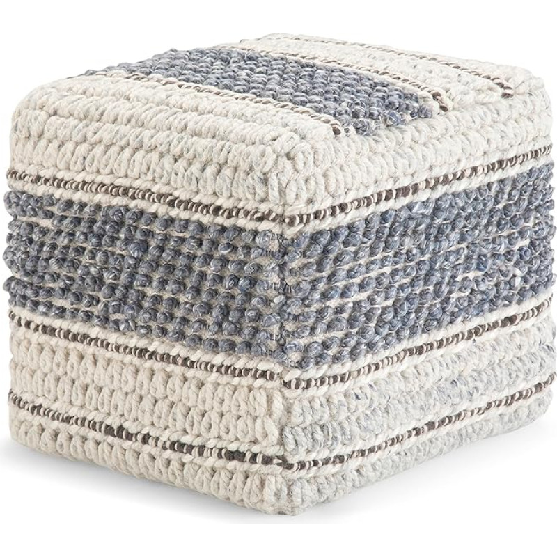 SIMPLIHOME Grady Square Pouf, Footstool, Padded in Blue, Natural Hand Woven Wool and Cotton, for Living Room, Bedroom and Nursery, Boho, Contemporary Modern
