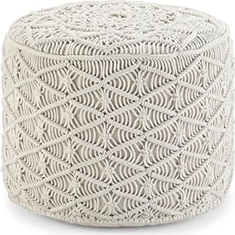 SIMPLIHOME Coates Boho Macrame Natural Cotton Round Pouf for Living Room Bedroom Kids Room