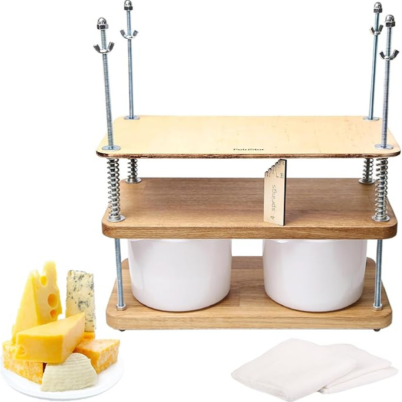 Puidust juustupress juustu valmistamiseks 40cm looduslikust tammest 18mm paksune juustukomplekt koos puidust juustupressi ja 2 juustuvormiga 1.8L juustukattega, sulgedega ja mõõteskaalaga.