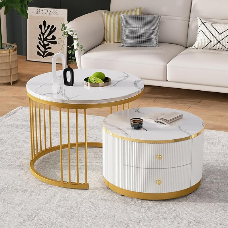 Soweiz Elegantne 2-osaline valge kohvilaudade komplekt pesakujul, ümmargused lauad kõrgläikega marmori välimusega, 2 sahtlit, maksimaalne koormus 30 kg, pesakujuline kombineeritud kohvilaud (valge + kuldne)