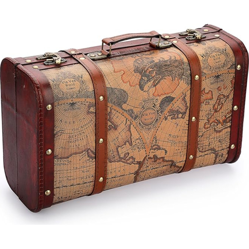 TOLIDA Vintage puidust kast, nahast, käepidemega pagasikast, 38 x 23 x 14 cm, multifunktsionaalne aardelaegas, kohver kaunistamiseks, rahakingituseks, reisimiseks, fotograafiaks, sünnipäevaks, pulmadeks, kodusoojendamiseks