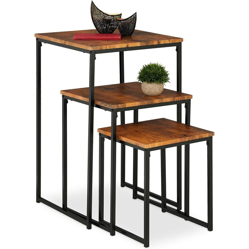 Relaxdays 3 korraga virnastatav tööstusdisaini pesitsuslaud 3 suurust ruudukujuline metallist pruun/must komplekt