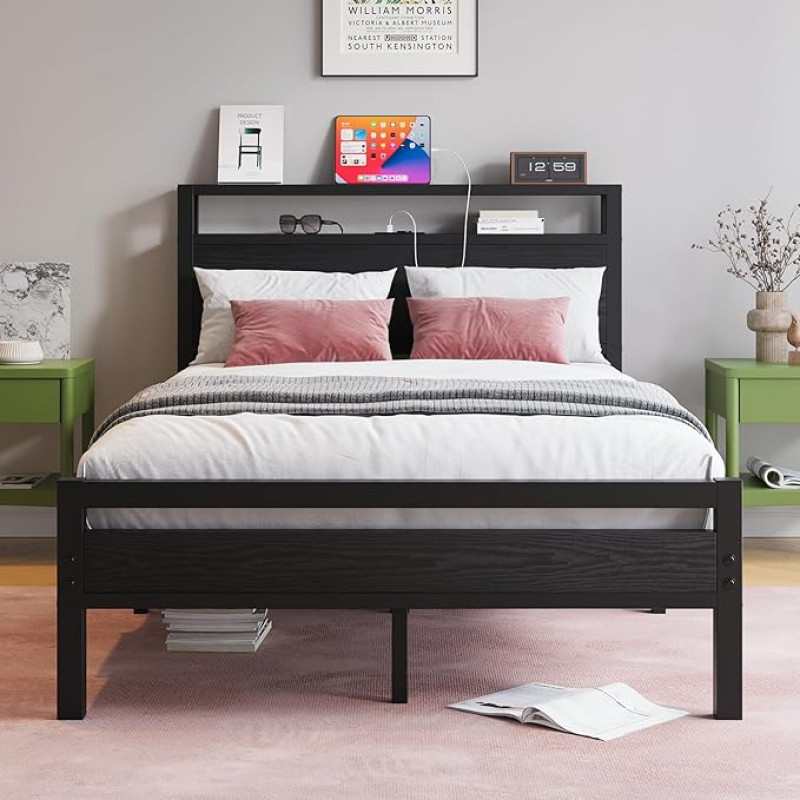 HOJINLINERO Voodiraam metallist voodi 120 x 200 cm lamelliraamiga ja USB laadimisfunktsiooniga, kaasaegne külalisvoodi noortevoodi 120 x 200 cm ladustamisruumiga peaplaadiga, metallist puidust voodiraam.