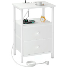 AMHANCIBLE Laadimisfunktsiooniga öökapp, Kõrvallaud kangastega sahtlitega, avatud riiuliga diivanilaud, 2 USB-pesa ja 2 pistikupesa, magamistoa, elutoa öökapp, valge HETS020WT-1