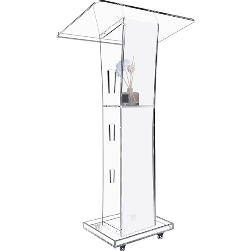 Afitdon akrüülpoodium, läbipaistev akrüülpoodium ratastega ja hoiuriiuliga, kirikukantsel 15 värvilise LED-valgusega, poodiumi stend kiriku, loengu, pulmade, klassiruumi jaoks (23,6 x 16,1 x 45,2).