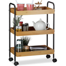 Relaxdays Bamboo Serving Trolley, 3 Tiers, Natural Look, 360° Casters, Steel, Black, HxWxD: 70x50x28 cm