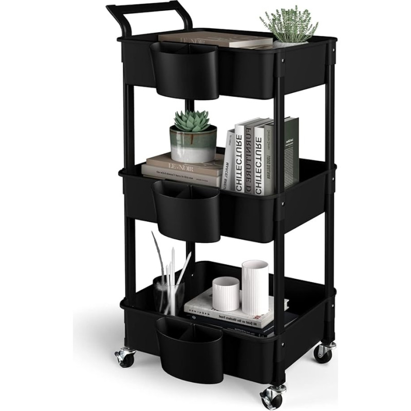 HBTower Plastic Kitchen Trolley 3 Tier Serving Trolley with Extra Hanging Cups, Lockable Wheels for Living Room, Kitchen, Office, Black