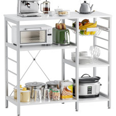 vovala Kitchen Shelf Baker's Rack, Microwave Stand with Bamboo Frame, 90 cm Coffee Bar with Wire Basket and 6 Hooks, 3-Tier Kitchen Shelf Stand for Kitchen, Living Room, Office, White